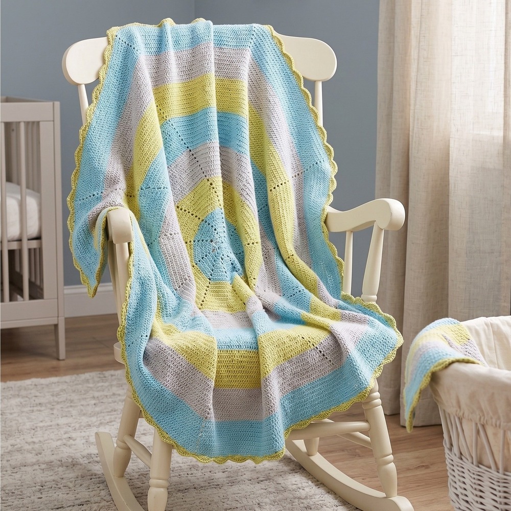 Handmade Round Knit Baby Blanket Spiral‎ Blue Yellow Beige 36" Diameter
